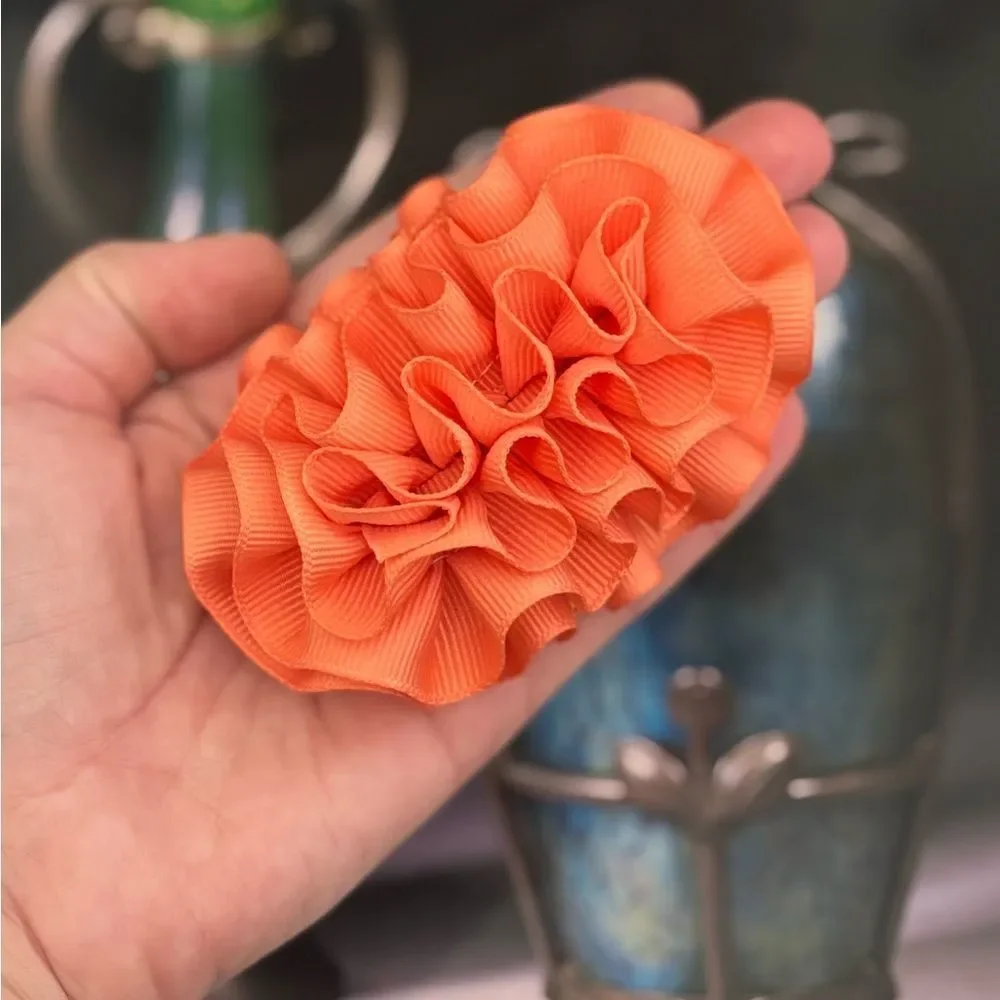 Vintage Hair Accessory Clip Barrette Orange Ruffle Ribbon 1980s 1990s